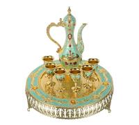 LALADEFIEE Juego de Cafetera Turca Vintage Castillo Juego de Copas de Vino Metálicas y Bandeja Alta Estable Color Azul Turquesa Adecuado para Servicio de Té y Celebraciones Obsequios