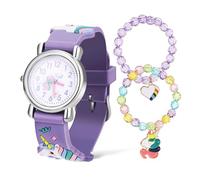 LALADEFIEE Reloj Infantil con Pulseras de Cuentas Color Lavanda para Niñas, Conjunto de Moda Analógico con Números Grandes, Diseño de Dibujos Animados, Adecuado para Niñas Pequeñas
