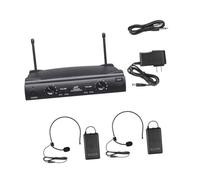 LALADEFIEE Sistema de Micrófono Inalámbrico UHF de Doble Canal con Transmisores de Cuerpo y Auriculares Receptor con Control de Volumen y Salida XLR para Karaoke y Eventos Profesionales