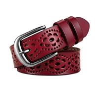lalafancy Cinturón de las mujeres de cuero genuino del zurriago de la vendimia Moda diseño floral hueco Cinturón de las señoras con hebilla de aleación para los pantalones vaqueros (Rojo)