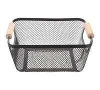 LALAFINA Cesta de Rejilla Metálica Rectangular Negra Asa de Madera para Organización y Almacenamiento en Baño y Cocina, Pequeña Cesta para Estantes y Hogar