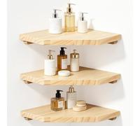 lalago 3 Unidades Estantería de Esquina Colgante de Madera 28,5 cm, Estantería Esquinera Colgante Color Madera Natural Maciza con Extremos Redondos de Pared para Cocina, Baño, Dormitorio y Salón