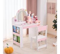 LALAHO Tocador infantil con taburete, tocador infantil de madera con iluminación, espejo, 5 cajones y estantería, juego de mesa de cosméticos para a partir de 3 años, color blanco