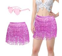 Lalieffacely Falda Lentejuelas Mujer, Disfraz Mujer Carnaval, Falda Danza del Vientre con Flecos y Gafas Hippie para Carnaval Party Disfraz (Rosado)