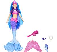 Barbie Mermaid Power Malibu Muñeca Sirena con Pelo Azul, Cola fantasía, Caballito de mar, Cepillo y Accesorios de joyería, Juguete de Regalo +3 años (Mattel HHG52)