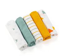 LaLoona Muselinas Bebé Algodón 70x70 cm - Pack de 5 Gasas Multiusos para Recién Nacido con Certificado Öko-Tex - Mantas Muselina Suaves y Transpirables - Amarillo/Menta