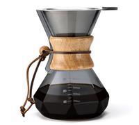Lalord Cafetera con filtro de acero inoxidable, jarra de café de vidrio de borosilicato de 600 ml, cuello de madera, jarra de café, capacidad para 3-4 tazas, 600 ml, gris