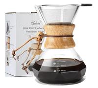Lalord Cafetera de Goteo con Filtro de Acero Inoxidable Reutilizable, Jarra de Café de Vidrio de Borosilicato, Collar de Madera, Capacidad Para 3 tazas, 20 oz/600 ml