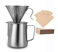Lalord Cafetera de vertido, Juego de cafetera de vertido, acero inoxidable 304 con 100 filtros de papel #2 y jarra de espuma de leche de 600 ml, para el hogar y campamento