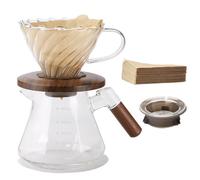 Lalord Cafetera de vertido, juego de vidrio de borosilicato de 20 onzas con 100 filtros de papel #4, cuello de nogal y tapa de vidrio, cafetera de goteo, 1-3 tazas, transparente (juego de 600 ml)