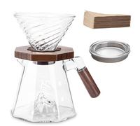 Lalord Cafetera de vertido, juego de vidrio de borosilicato de 600 ml con 100 filtros de papel V02, collar de nogal y tapa de vidrio, cafetera de goteo, 1-3 tazas, transparente (juego B-600 ml)