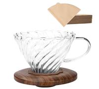 Lalord Dripper de café con 100 piezas de filtro de papel tamaño #4, vidrio de borosilicato y collar de nogal, cafetera de goteo, 1-3 tazas, transparente (gotero de café)