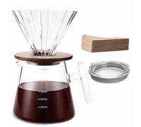 Lalord Juego de cafetera de vidrio de borosilicato de 590 ml, con filtro de papel, collar de nogal y tapa de cristal, cafetera de goteo, 1-3 tazas, transparente (600 ml (mango de cristal))