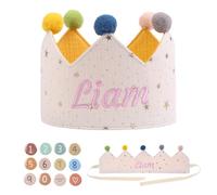 Lam Hub Fong Corona de Cumpleaños Personalizada para Niños - Gorro de Fiesta de Tela con Nombre y Chapas de números Ajustable Reutilizable para Cumpleaños y Fotos (Style 6)