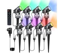 Lam(MS)pen 8 Focos LED RGBW COB Con Temporizador de Control Remoto para Jardín, Luz LED de Aluminio RGB+Blanco Cálido 3000K, 12V 24W IP65 Impermeable para Exterior
