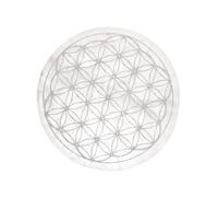 LAMARE Base DE SELENITA - Base de Carga de Cristales, Joyas y Piedras Curativas - Piedra Selenita Natural - Base de Carga Grabada - Diámetro 10 cm (Placa Selenita Flor de la Vida)