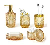LaMarriti Juego de 5 accesorios de baño de cristal dorado transparente, dispensador de loción, jabonera, vaso, tarros de hisopo de algodón, soporte para cepillos de dientes, dorado, amarillo y naranja
