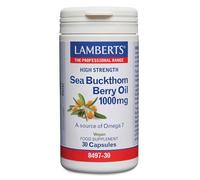 Lamberts Aceite de Espino Amarillo 1000 mg | 30 Cápsulas | Una al Día | Aceite de la Pulpa | 270 mg Omega 7 | Sea Buckthorn | Carotenoides y Vitamina E | Apto Veganos | Calidad Farmacéutica GMP