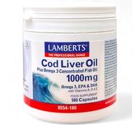 Lamberts Aceite de Hígado de Bacalao (Cod Liver Oil) 180 Cápsulas de 1000mg - Con Omega-3 (EPA y DHA) y Vitaminas A, D y E - Contribuye al Funcionamiento Normal del Sistema Inmunitario