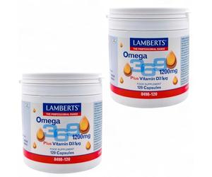 Lamberts Omega 3-6-9 - Pack Ahorro 2 x 120 Cápsulas de 1200mg - Con Vitamina D3, Aceite de Pescado, Borraja y Oliva - Rico en EPA, DHA y Ácido Oleico - Para Huesos, Dientes y Sistema Inmune