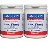 Lamberts Zinc 25 mg como Citrato | Mayor Absorción | Apoyo Cognitivo, Sistema Inmunitario y Fertilidad | 120 Tabletas | 120 Días de Suministro | Calidad Farmacéutica GMP (Paquete de 2)