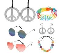 LAMEK 6Pcs Accesorios Hippie Kit de Disfraz Hippie Juego de Gafas Redondas Hippie Collar Hippie Diadema de Paz Kit de Accesorios de Diadema Retro de Color Margarita para Fiesta Música Tema de Noche