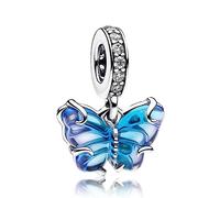 LaMenars Blue Murano Glass Butterfly Dangle Charm para Pulseras 925 Sterling Silver Bead Mujeres Charms Día de la Madre Cumpleaños Aniversario Joyería para Niñas Esposa