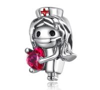 LaMenars Colgantes de Abalorios Red Heart's White Angel Nurses Charms Originales Plata de Ley 925 con Circonita Cúbica para Europeo Pulseras Brazaletes Collares para Mujer Día de la Enfermera