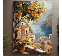 Lámina artística de acuarela con paisaje urbano y limoneros, decoración de pared costera, vibrante pintura costera mediterránea (60x85cm)