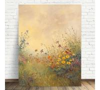 Lámina artística de paisaje al atardecer en un campo de flores silvestres - Cuadro vertical sin marco sobre lienzo, estilo retro moderno en tonos beige y dorado (30x40cm/12x16in) Sin marco