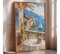 Lámina decorativa de pared con diseño de la costa italiana, vista desde una terraza en la costa de Amalfi, paisaje marino mediterráneo, decoración para sala de estar (70x100cm/sin marco)