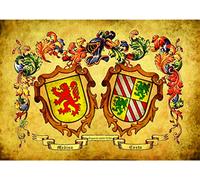 Lámina Escudos heráldicos de 2 Apellidos. Impresión en DIN A3, Acabado Envejecido. Opcionalmente Puede añadir los orígenes de los Apellidos en láminas separadas.