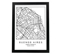 Lámina mapa de la ciudad Buenos aires estilo nordico en blanco y negro. Poster tamaño A3 Enmarcado con marco negro Impreso papel 250 gr. Cuadros, láminas y posters para salon y dormitorio
