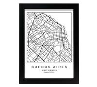 Lámina mapa de la ciudad Buenos aires estilo nordico en blanco y negro. Poster tamaño A4 Enmarcado con marco negro Impreso papel 250 gr. Cuadros, láminas y posters para salon y dormitorio