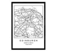 Lámina Mapa de la Ciudad Edinburgh Estilo nordico en Blanco y Negro. Poster tamaño A3 Enmarcado con Marco Negro Impreso Papel 250 gr. Cuadros, láminas y Posters para Salon y Dormitorio