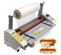 Laminadora térmica con pantalla LCD, 440 mm de ancho, velocidad ajustable de 0,3 a 3 m/min, temperatura de 0 a 180 °C, grosor de 0,1 a 5 mm, para uso en oficinas y centros educativos.