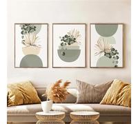 Láminas de Arte Abstracto Bohemio Póster de Bloques de Color en Medio Círculo Verde y Beige Pintura Sobre Lienzo Bohemia de Mediados de Siglo Arte Fresco Pared del Dormitorio-40*60cm*3PCS (sin marco)