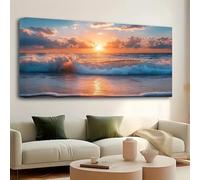 Láminas de arte mural moderno: cuadro de pared con vista a una playa vacía con olas, decoración mural moderna (50 x 100 cm/marco interno).
