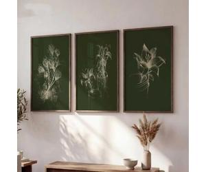 Láminas de lienzo con motivos botánicos, arte de herbario, decoración floral verde oscuro para el hogar (50x75cm - 3 piezas)
