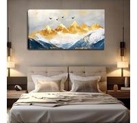 Láminas de pared con paisajes de montaña en acuarela, enmarcadas a gran escala, con picos dorados y nevados, para dormitorio y sala de estar (35 x 70 cm)