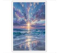 Laminas Decorativas Amanecer sobre el mar Azul-púrpura Lienzos Decorativos Arte Pared Playas costeras para Cuadros Decoracion Salon, Dormitorios, Habitacion 70Lx50W cm SIN Marco