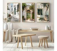 Láminas decorativas con motivos de exuberante vegetación y arquitectura, paisaje mediterráneo, lienzos para la decoración del salón (60x80cm x 3 / Sin marco).