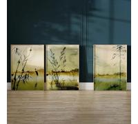 Láminas decorativas para pared, arte japonés, lienzos decorativos, arte mural de montaña, arte mural minimalista, póster de paisaje verde (60x85cm-3 piezas)