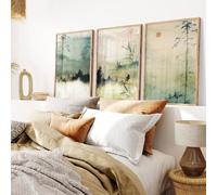 Láminas decorativas para pared, arte japonés, lienzos decorativos, arte mural de montaña, arte mural minimalista, póster de paisaje verde (40x60cm-3 piezas)