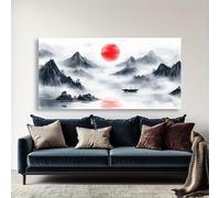 Láminas modernas abstractas de paisajes con tinta aguada - Lienzo decorativo minimalista horizontal enmarcado, cuadros para sala de estar (55x100cm)