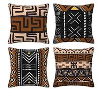 LAMOSPY Fundas de almohada africanas de tela de barro de 18 x 18 pulgadas, fundas de almohada decorativas bohemias con estampado tribal Kuba para decoración de sofá al aire libre, juego de 4 (18 x 18