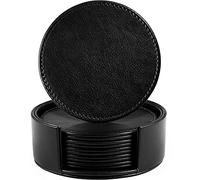 LAMOTI, Posavasos de cuero para bebidas, 6 unidades de 10 cm con soporte para protección de mesa, hechos a mano, lujosa decoración del hogar y regalo de inauguración de la casa, Negro