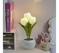 Lampada da comodino in Legno con tulipani, Luce notturna con Vaso in Ceramica, Luce da Interno a Forma di tulipano, comodino Caldo con batteria, simulazione di tavolo a t