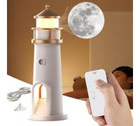 Lampada da comodino in Legno Decorativa da tavolo a Forma di Faro, Faro con proiezione lunare, Faro Notturno con telecomando e Bluetooth, sensori di movimento, batteria d