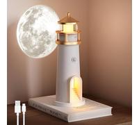 Lampada da comodino in Legno Decorativa da tavolo a Forma di Faro, Faro con proiezione lunare, Faro Notturno con telecomando e Bluetooth, sensori di movimento, batteria d